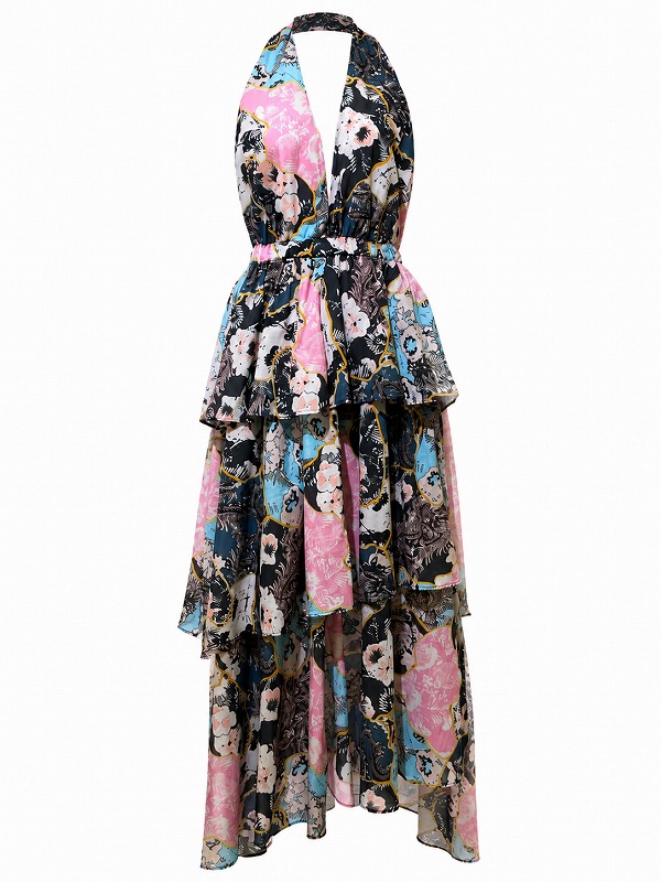 【新品DRESS 2771】花柄ホルターネックバックレインボービーズフレアロングドレス マルチカラー【Connor Blake】